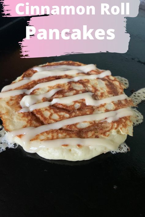 Cinnamon Roll Pancakes on a Blackstone Griddle Blackstone Cinnamon Roll Pancakes, Food To Make On A Griddle, Blackstone Pancake Recipe, Flat Top Breakfast Ideas, Pancakes On Blackstone Griddle, Black Stone Breakfast, Griddle Desserts, Breakfast On Blackstone Griddle, Blackstone Pancakes