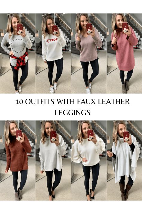 10 Outfits With Faux Leather Leggings Leather Leggings Sweatshirt Outfit, Sweatshirt And Leather Leggings Outfit, Leggings And Sweatshirt Outfit, Outfits With Faux Leather Leggings, Flannel Shirt Outfit, Leather Leggings Outfit, Tunic Leggings, Shoes For Leggings, Sweatshirt Outfit