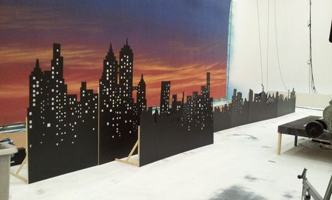 Gala Backdrop, Wakanda Party, Mdf Projects, Cityscape Backdrop, Skyline Backdrop, New York Theme Party, School Dance Themes, Annie Jr, Godzilla Birthday Party