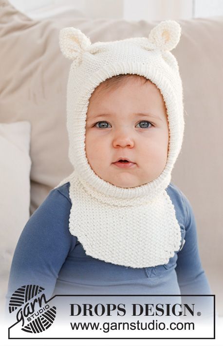 Hat With Ears Knitting Pattern, Toddler Balaclava Pattern Free Crochet, Balaclava Knitted, Easy Baby Knitting Patterns, Drops Baby, Baby Beanies, Designer Baby, Baby Hats Knitting, Moss Stitch