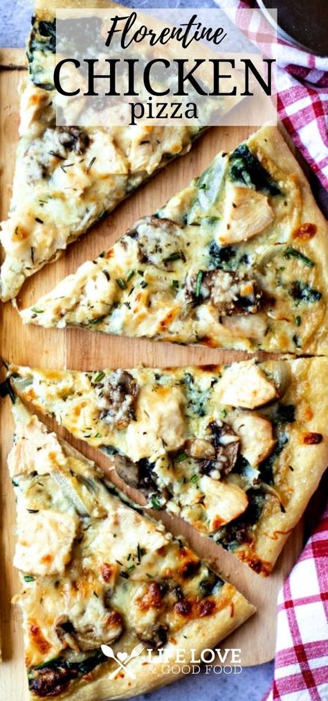 Chicken Ricotta Pizza, Spinach Mushroom Pizza, Chicken Florentine Pizza, Chicken And Spinach Pizza, Tuscan Chicken Pizza, Pizza With Chicken Recipes, Chicken Spinach Pizza Recipes, Chicken Spinach Pizza, Chicken Pizza Ideas