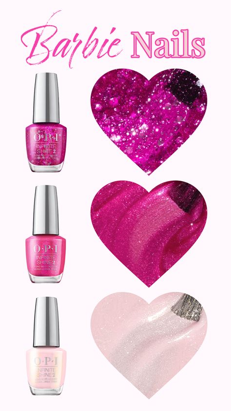 Three pink OPI shades which fit the Barbie theme. Colours shown are: I Pink It's Snowing / Pink, Bling & Be Merry / Merry & Ice Barbie Opi, Barbie Inspired Nails, Nails Baby Pink, Opi Shades, Opi Pink, Nails Sparkly, Opi Colors, Baby Pink Nails, The Barbie Movie