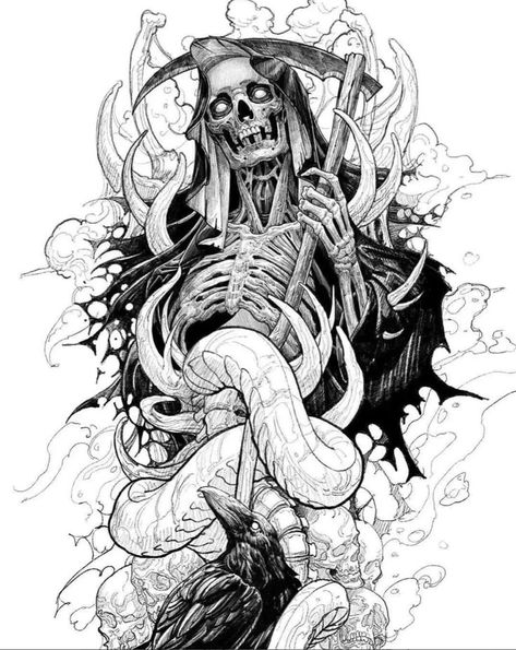 Grim Reaper Drawing, Reaper Drawing, Grim Reaper Tattoo, Grim Reaper Art, Gaming Design, Skull Art Drawing, Creepy Tattoos, Skulls Drawing, Cthulhu Mythos