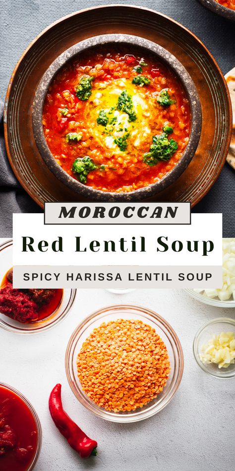 Warm up with this delicious and easy to make spicy Moroccan lentil soup! Packed with plant protein and Moroccan-inspired flavour from aromatic spices, harissa, and tangy lemon, this soup is a vegan and vegetable-packed lentil soup. Perfect for a chilly evening, this Moroccan lentil soup is a simple, healthy and hearty meal. Whip up this flavourful soup recipe for a satisfying and nourishing meal tonight! Spicy Lentils, Soup With Cilantro, Middle Eastern Lentil Soup, Moroccan Lentil, Moroccan Lentil Soup, Spicy Lentil Soup, Harissa Recipes, Cilantro Salsa, Moroccan Recipes