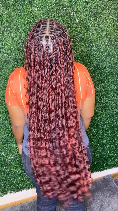 Purple Bohemian Box Braids, 99j Goddess Box Braids, Bohomeian Box Braids, Custom Braid Color, Pick And Drop Braids Red, Burgundy Bohemian Braids, Bohemian Knotless Braids Burgundy, Boho Braids Burgundy, 99j Boho Knotless Braids