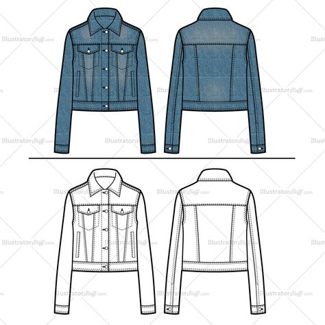 Jean Jacket Illustration, Denim Jacket Sketch, Denim Jacket Illustration, Fashion Sketch Template, Jeans Drawing, Jacket Drawing, How To Sketch, Fashion Illustration Poses, Sketch Fashion