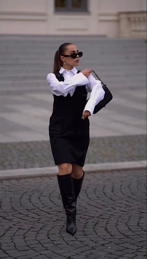 Button Down Under Dress, Dresses With Long Sleeves Underneath, Black Dress With White Shirt, Long Sleeve Shirt Under Dress, Shirt Under Dress Outfit, Black Shirt Dress Outfit, Dress With Shirt Underneath, Shirt Over Dress Outfit, Glamour Goth