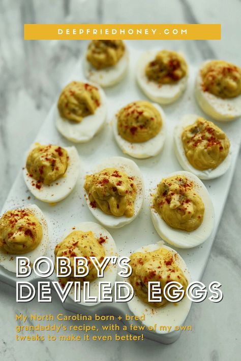 Bobby's Deviled Eggs is my grandaddy's #recipe (I tweaked it a bit) and it makes some of the best Southern-style deviled eggs you'll ever eat! #deepfriedhoney #southernfood #deviledeggs Hot Taco Dip, Easy Home Cooked Meals, Recipes Eggs, Devil Eggs, Fried Deviled Eggs, Dorito Casserole, Devilled Eggs, Steak And Onions, Best Deviled Eggs