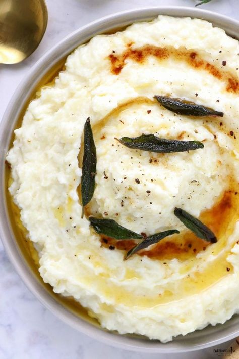 Vegan Brown Butter Sage Mashed Potatoes - Labeless Nutrition Vegan Brown Butter, Almond Flour Peanut Butter Cookies, Brown Butter Sage, Brown Butter Sage Sauce, Sage And Rosemary, Sage Sauce, Pumpkin Cobbler, Bread Biscuits, Vegan Mashed Potatoes