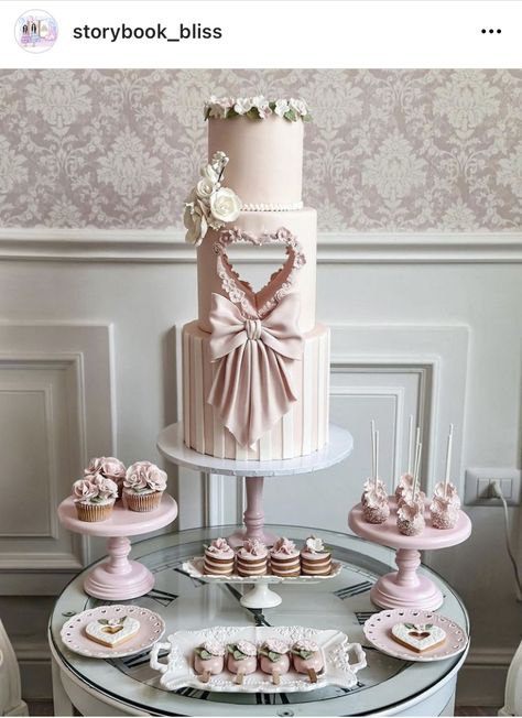 Coquette Dessert Table, Bow Wedding Cake, Bow Wedding Cakes, Pink Wedding Cake, Bow Wedding, Wedding Cakes With Cupcakes, Beautiful Wedding Cakes, Pink Wedding, Dessert Table