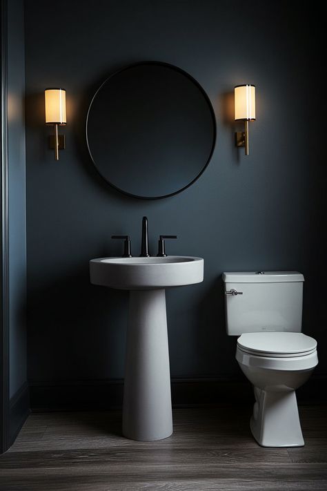 SW Granite Peak Half Bath Dark Grey Blue Paint, Sw Granite Peak, Half Bathroom Paint Colors, Smokey Blue Paint, Charcoal Gray Paint, Bathroom Paint Color Ideas, Neutral Bathroom Colors, Bathroom Paint Color, Powder Room Paint Colors