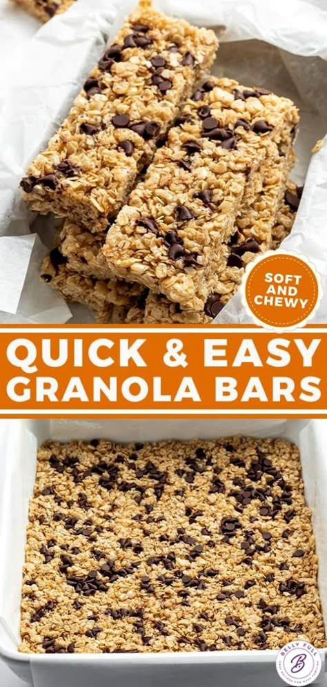 These Homemade Granola Bars are chewy, crispy, and loaded with mini chocolate chips. Super quick and easy to make and unbelievably delicious! Quaker Chewy Granola Bar Recipe, Dessert With Granola, Recipe For Granola Bars, Granola Bars With Quick Oats, Easy Granola Bars Healthy, Homemade Granola Bars With Honey, Homemade Chewy Bars, Peanut Butter Chocolate Chip Granola Bar, Cheap Gluten Free Dinners For A Family