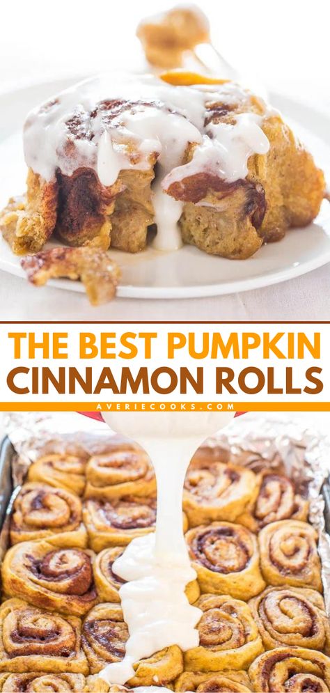 This sweet pumpkin recipe will become your new favorite morning breakfast! These are the BEST pumpkin cinnamon rolls. Everyone will love these homemade cinnamon rolls packed with pumpkin spice flavor and topped with a cream cheese glaze! Save this easy fall recipe! Macncheese Recipe, Averie Cooks, Pumpkin Cinnamon Rolls, Cream Cheese Glaze, Best Pumpkin, Pumpkin Dessert, Pumpkin Recipes, Cinnamon Rolls, Just Desserts