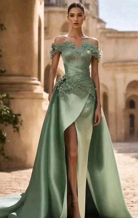 Prom Gown Off Shoulder, Sage Gown, Engagement Dress For Bride, Lace Princess Wedding Dresses, Shein Haul, Dresses A Line, Try On Haul, Satin Evening Dresses, Green Dresses