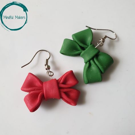 Elf Clay Earrings, Polymer Clay Christmas Earrings, Clay Christmas Earrings, Clay Inspo, Ribbon Earrings, Christmas Ring, Clay Christmas, White Studs, Polymer Clay Christmas