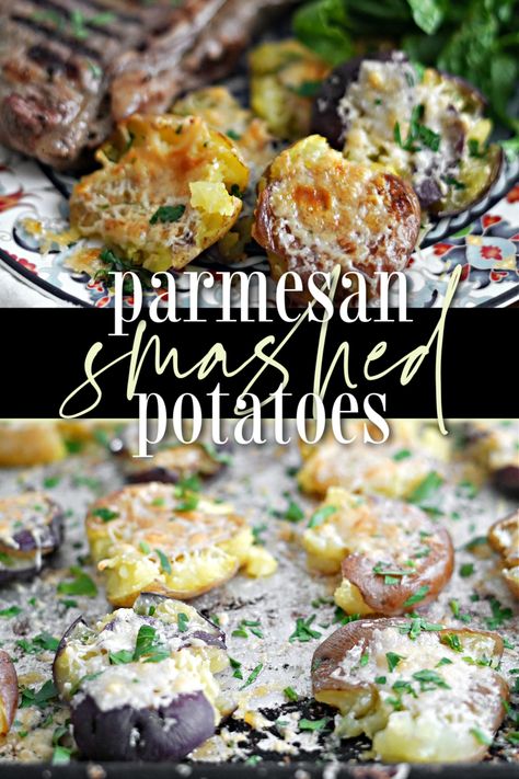 Change up your dinner potato side, and that game day snack favorite with these easy and delicious sheet pan parmesan smashed potatoes! Parmesan Smashed Potatoes, Steak Sides, Toppings Bar, Steak Side Dishes, Gluten Free Potatoes, Gluten Free Sides Dishes, Easy Potato Recipes, Homemade Meals, Herb Recipes