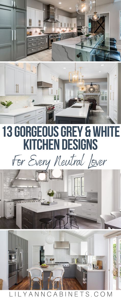 The grey and white kitchen: timeless, chic, yet simple. This color scheme is highly agreeable—whether your style is modern, traditional, transitional or even farmhouse, the grey and white color scheme is sure to please. Many of our customers bring us design ideas for their own grey and white kitchen remodel from Pinterest or Houzz, so we figured it would be helpful to compile some of our favorite ideas in one place. White Cabinets Kitchen Gray Floors, Dark Gray Bottom Cabinets White Upper, White Kitchen Grey Flooring, White Kitchen Cabinets With Grey Floors, Contemporary Kitchen Colors Schemes, New Kitchen Ideas Modern, Kitchen Ideas With Gray Flooring, Gray Kitchen Walls White Cabinets, Gray And White Kitchens