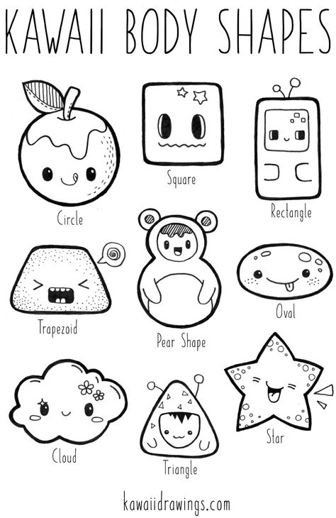 Kawaii body shapes, how to turn basic shapes into kawaii characters Kawaii Designs Doodles, Basic Drawing Ideas For Beginners, Kawaii Body Base, Basic Doodles For Beginners, Basic Chibi Drawing, Basic Shapes Character Design, Basic Character Design, Cute Fish Drawing Kawaii, Kawaii Shapes