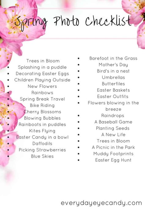 There are so many photo opps in the spring! Check out this free downloadable spring photo checklist to help you take great photos this spring! Photo Checklist, Photo A Day Challenge, Photo Prompts, Photography Cheat Sheets, Spring Fun, Spring Photos, Photography Challenge, Photography 101, Spring Photography