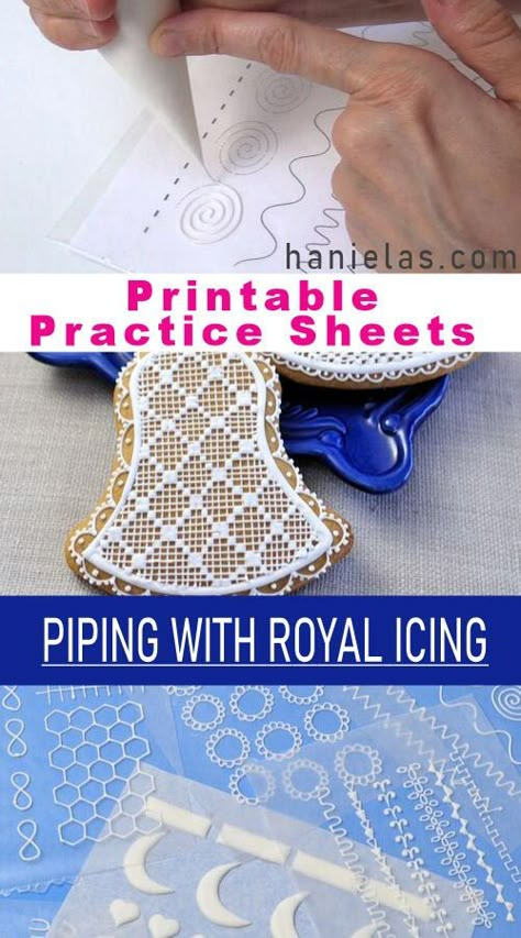 Practicing piping with royal icing using Printable Practice Sheets. Video and Free Templates. Cake Decorating Practice Sheets Printable, Royal Icing Piping Practice Sheets, Icing Practice Sheets Templates, Wilton Practice Sheets Printable, Royal Icing Decorating Techniques, Cookie Decorating Practice Sheets, Practice Piping Frosting, Royal Icing Practice Sheets Templates, Royal Icing Transfers Free Printable Letters