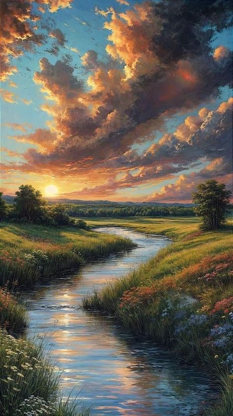 Gavril Poclitar Cloudy Landscape Painting, Landscape Photos Nature Scenery, Peaceful Places Nature, Country Side Painting, Natural Wallpapers, Drawing Borders, Sunset Landscape Photography, River Painting, Grassy Field