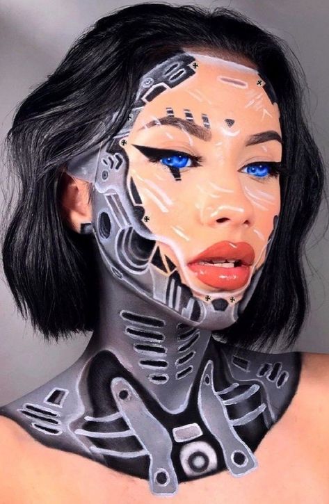 3d Makeup Art, Cardi B Halloween Costume, 3d Makeup Looks, Scifi Makeup, Robot Makeup, Creepy Makeup, Pop Art Makeup, Creepy Halloween Makeup, Face Art Makeup