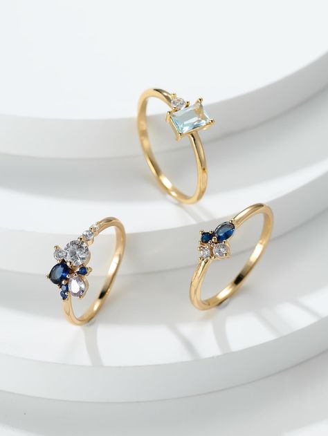 3pcs/set Retro Palace Style Gold & Sapphire Blue Ring Set, Perfect As Bridal Or Bridesmaid Jewelry Gift For WomenI discovered amazing products on SHEIN.com, come check them out! Blue And Gold Jewelry, Navy Rings, Navy Jewelry, Core Outfits, Stackable Necklaces, Hippie Rings, Stackable Ring Sets, Antique Silver Rings, Silver Necklace Set