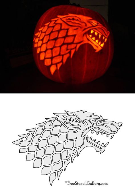 Game Of Thrones Pumpkin, House Stark Sigil, Game Of Thrones Halloween, Medieval Halloween, Stark Sigil, Game Of Thrones Party, Pumpkin Template, Lantern Ideas, Pumpkin Carvings Stencils