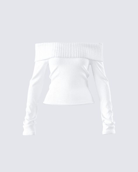 Nothing beats a chic and cozy look 🤍 Constructed from medium weight yarn fabric, featuring an off-shoulder design, a foldover top edge, and long sleeves - this white sweater top is a dream come true ☁️ Cute Winter Tops, Finesse Clothing, Png Tops, Cropped White Sweater, White Sweater Top, Tops Winter, White Off Shoulder Top, Winter Top, White Knit Sweater