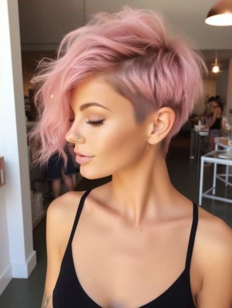 Soft Pink Pixie Hair, Dusty Pink Short Hair, Makeup Looks For Pink Hair, Pink Hair Styles For Short Hair, Short Pink Hairstyles, Short Pink Hair Styles, Short Hair Fun Color Ideas, Pixie Haircut Color Ideas, Light Pink Short Hair