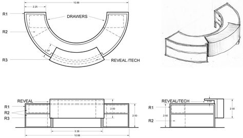 Reception Desk Sketch, Reception Desk Detail Drawing, Counter Detail Drawing, Reception Desk Drawing, Reception Desk Dimensions, Reception Counter Design, Furniture Details Drawing, Curved Reception Desk, Furniture Design Sketches