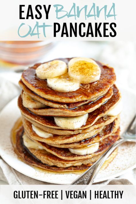 Easy Banana Oat Pancakes made in the blender with just FOUR ingredients! Gluten-free, vegan, and a delicious way to start the day. Oat Pankaces Recipe, Oat Pancakes Healthy Vegan, Banana Oat Pancakes No Egg, Easy Banana Oat Pancakes, Vegan Blender Pancakes, Vegan Banana Oat Pancakes, Banana Oat Pancakes Healthy, Oat And Banana Pancakes, Banana Oats Pancakes