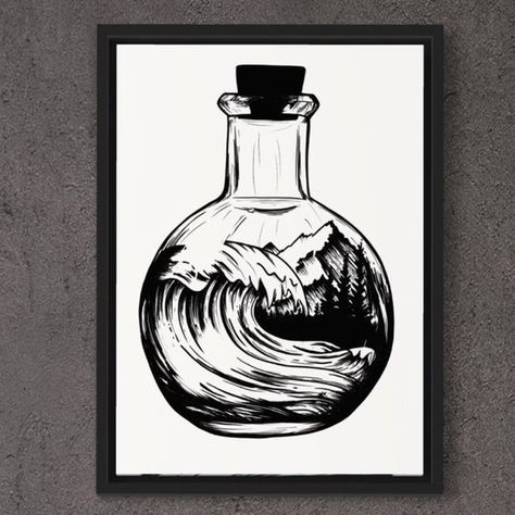 Escape in a Bottle - Surrealist Tattoo Print - Ocean Wave & Mountain Landscape in a Potion Bottle - Black and White Tattoo Design#tattoo #tattoaftercare #tattoocare Surrealist Tattoo, Tattooing Machines, Tattoo Oil, Traditional Tattoo Woman, Black And White Tattoo, Tattoo Cream, Ocean Tattoos, Tattoo Clothing, Tattoo Care