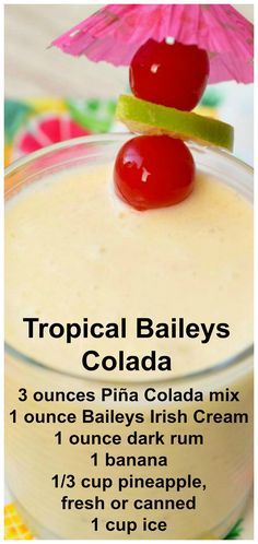 Baileys Colada Recipes Drinks, Baileys Colada Recipe, Recipes For Dinner Vegetables, Dinner Vegetables, Banana Rum, Alcholic Drinks, Cocktail Drinks Alcoholic, Yummy Alcoholic Drinks, Liquor Drinks