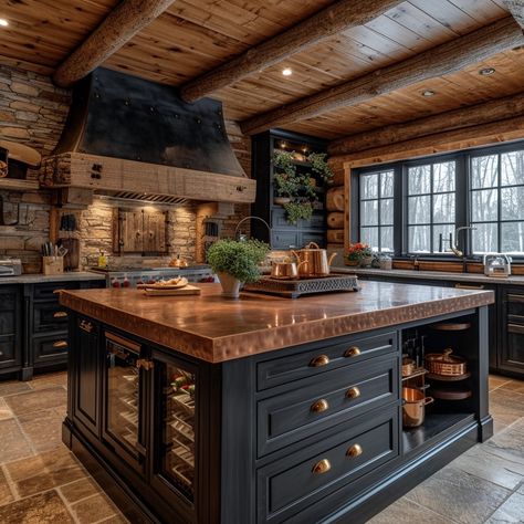 Barndo Ideas, Log Home Kitchens, Barn Style House Plans, Cabinet Color, Rustic Kitchen Design, Cabin Kitchens, Barn Style House, Black Cabinets, Modern Farmhouse Kitchens