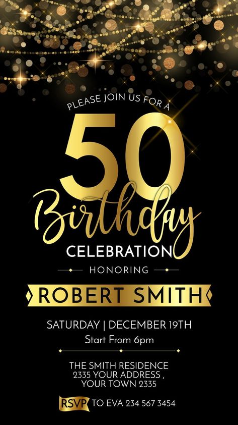 Electronic 50th Birthday Invitation. Editable Birthday - Etsy Australia Invitation For 50th Birthday Men, Black And Gold 50th Birthday Invitations, 50th Birthday Party Invite For Men, 50th Birthday Ideas For Women Black Gold, 50th Invitation For Men, Invitation Card Design 50 Birthday, 50th Birthday Invites For Men Templates, 50 Birthday Invitation Card, 50 Birthday Invitations For Men