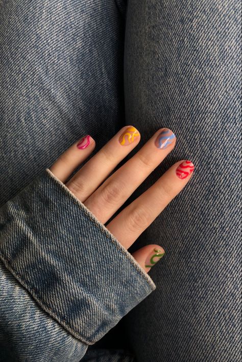 Multicolor Short Nails, Short Nail Inspo Summer 2024 Square, Manicure Ideas Summer 2024, Square Nails 2023, Short Nail Ideas Summer 2024, Short Nails Design Ideas 2024 Summer, Funky Short Nails, Fun Short Nails, Short Funky Nails