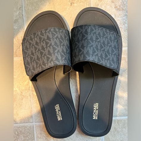 Brand New Michael Kors Slides, With Velcro To Fit To Your Liking Michael Kors Slides, Michael Kors Shoes, Michael Kors Black, Cute Shoes, Slides, Slippers, Michael Kors, Brand New, Women Shopping