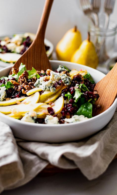 Pear, Blue Cheese and Toasted Walnut Salad combines the flavors of juicy pears with sharp blue cheese, toasted walnuts and a tangy walnut oil vinaigrette. This intense flavor combination atop a bed of mixed greens and sprinkled with dried cranberries will be your new go-to salad. It's a perfect meal in itself but also great alongside your main course for dinner. Pear Blue Cheese Salad, Pear And Blue Cheese Salad, Pear Blue Cheese, Pear And Blue Cheese, Great Dinner Recipes, Blue Cheese Salad, Pear Salad, Walnut Salad, Walnut Oil