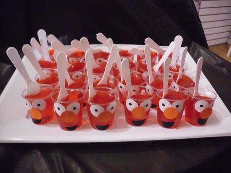 Elmo & Sesame Street Birthday Party Ideas | Photo 17 of 73 | Catch My Party Elmo Birthday Party Ideas, Sesame Street Birthday Party Ideas, Jello Cups, Birthday Party Drinks, Elmo Sesame Street, Birthday Party Snacks, Elmo Birthday Party, Sesame Street Birthday Party, Elmo Party