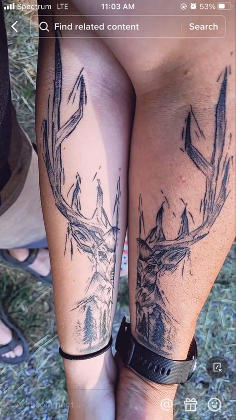 Country Forearm Tattoo Men, Matching Bear Tattoos Couples, Matching Deer Tattoos, Country Couples Tattoos, Western Sibling Tattoos, Couple Tattoos Western, Couples Antler Tattoos, Deer Shoulder Tattoo, Western Back Tattoo Women Spine