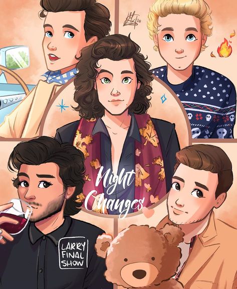 8,203 Likes, 88 Comments - Marina🍑 (@larryfinalshow) on Instagram: “1/2 Also drew two of my fav music videos of them 🥺 they’ll be stickers on my shop !! Enjoy 🧚🏻‍♂️✨…” 1d Cartoon, One Direction Fan Art, One Direction Cartoons, Four One Direction, One Direction Drawings, One Direction Lockscreen, One Direction Art, Harry Styles Drawing, Gambar One Direction