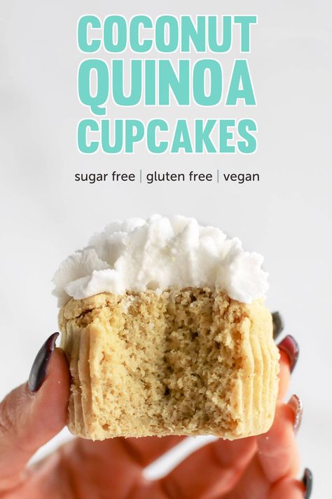 These Healthy Coconut Cupcakes are fluffy, springy, and moist! They're the most nutritious, guilt-free treat! Made with quinoa flour, sorghum flour, coconut yogurt, and coconut milk, so they're gluten free, dairy free, vegan, and sugar free! Gluten Free Coconut Cupcakes, Coconut Milk Quinoa, Coconut Cream Dessert Vegan, Quinoa Cupcakes, Grain Free Cupcakes, Gluten Free Coconut Muffins Souplantation, Coconut Quinoa, Dairy Free Recipes Dessert, Sugar Free Recipes Desserts