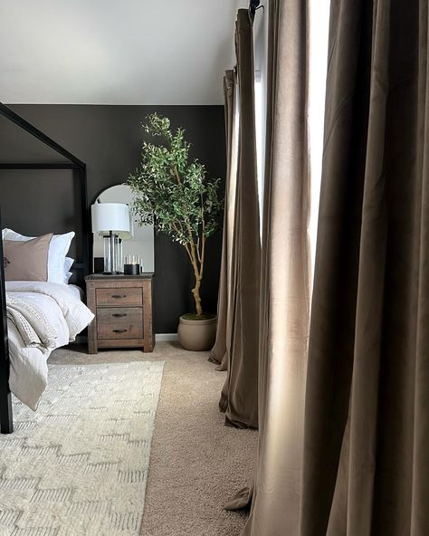 Some bedroom stills because I’m just loving these new views 🤎 A/D I’ve always wanted to try out velvet curtains and Half Price Drapes nailed it with these moody blackout curtains in Denver Taupe. They give such a luxe feel to my bedroom makeover 🙌🏻 Things I loved in shopping with HPD: • Blackout liner • 3 types of headers • 28 colors • Custom options Comment SHOP to get the links AND a 15% discount sent to your DMs! #HPDAtHome #HalfPriceDrapes #WindowTreatments #HomeDecor #InteriorDe... Dark Walls Light Curtains, Dark Room With Curtains, Curtains In Dark Room, Moody Window Treatments, Moody Living Room Curtains, Curtain Wall Bedroom Behind Bed, Dark Curtains Bedroom, Moody Curtains, Dark Drapes