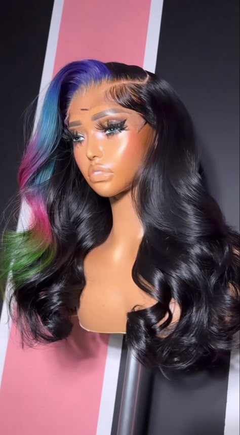 Black Wigs With Color Highlights, Color Curly Wig, Black Wigs With Color, Black Wig With Color Highlights, Frontal Hairstyles With Color, Wig With Purple Highlights, Colorful Wig, Black Wig With Colorful Highlights, Black Girls Hairstyles Wigs