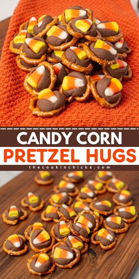 These Candy Corn Pretzel Hugs are a sweet and salty snack that are perfect for any gathering. Easy to make and delicious to eat, these treats will be a hit with kids and adults alike. Make these sweet treats for your holiday parties! Pretzel Candy Recipes, Party Pretzels, Pretzel Kisses, Candy Pretzels, Pretzel Hugs, Savoury Party Food, Traditional Holiday Desserts, The Cookin Chicks, Candy Kids