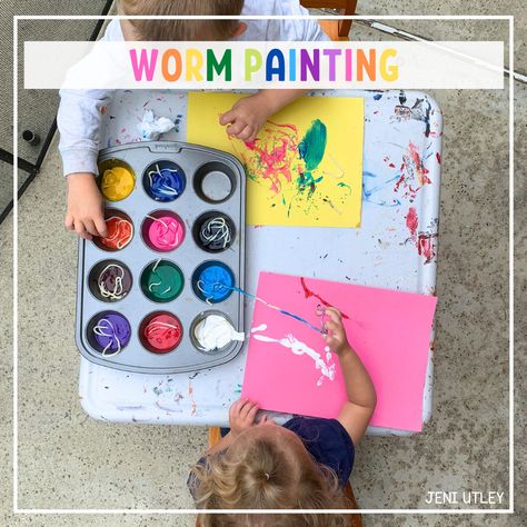 Worm Painting Activity for Preschoolers Insect Week Preschool Activities, Preschool Dirt Activities, Inch Worm Craft Preschool, Worm Lesson Plans Preschool, Worm Preschool Activities, Bug Week Preschool, Worm Activities For Kids, Worm Activities For Preschool, Worm Preschool