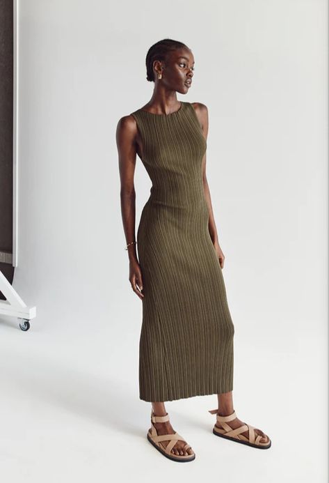 https://dissh.com.au/products/sienna-olive-knit-midi-dress?variant=39574993141832 Knit Fabric Dress, Contrast Dress, Spring Capsule, Striped Knit Dress, Olive Green Dresses, Spring Capsule Wardrobe, Sleeveless Midi Dress, Straight Neckline, Knit Midi