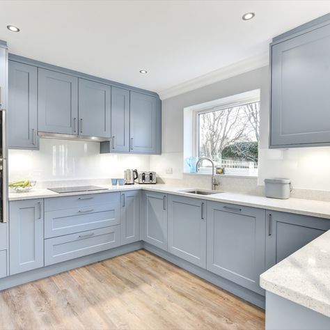 A classic blue finish has been chosen for this project, to combine nicely with sparkling white work surfaces, which are illuminated by undercabinet downlights. 

Horsham Showroom: 01403 721086 I Worthing Showroom: 01903 522555 I Website: https://alexanderkitchens.co.uk/. Conservatory Style Kitchens, Hamptons Blue Kitchen, Light Blue Small Kitchen, Light Blue Shaker Kitchen, Baby Blue Kitchen Ideas, Blue Kitchen Design Ideas, Pale Blue Kitchen Ideas, Light Colour Kitchen, Powder Blue Kitchen Cabinets