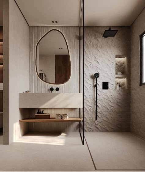 Bathroom With Rock Wall, Dark Japandi Bathroom, Desert Theme Bathroom, Master Washroom, Toilet Tiles Design, Desert Bungalow, Washroom Designs, Apartment Bathrooms, Apartment Bathroom Design